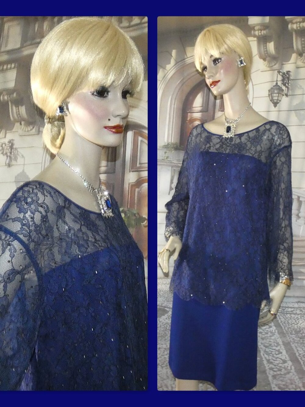 St. John Set for Evening Sz 12 Royal Blue Sequin Top Silk Lined w Santana Skirt